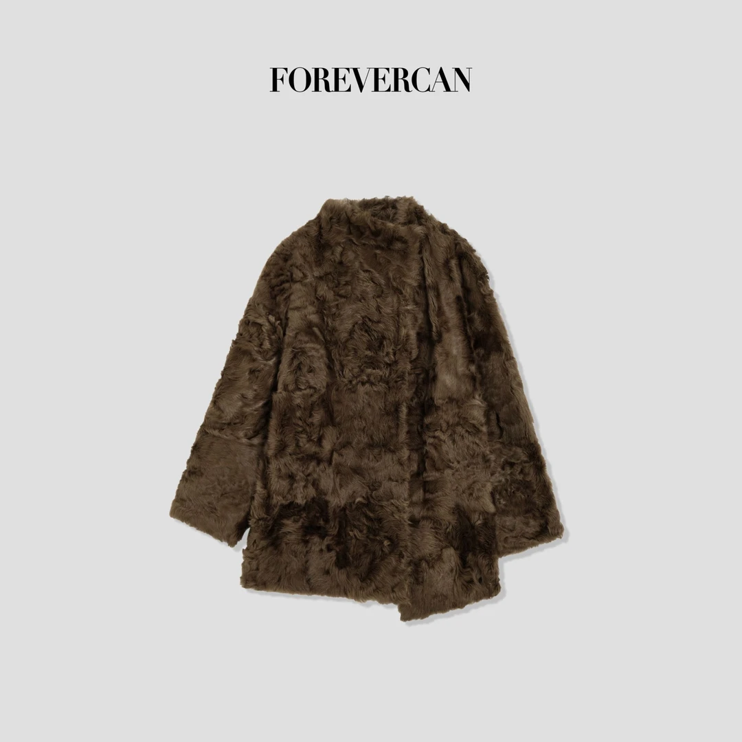 FOREVERCAN"伦勃朗夜色”小湖羊皮毛一体中长款皮草外套SC22730
