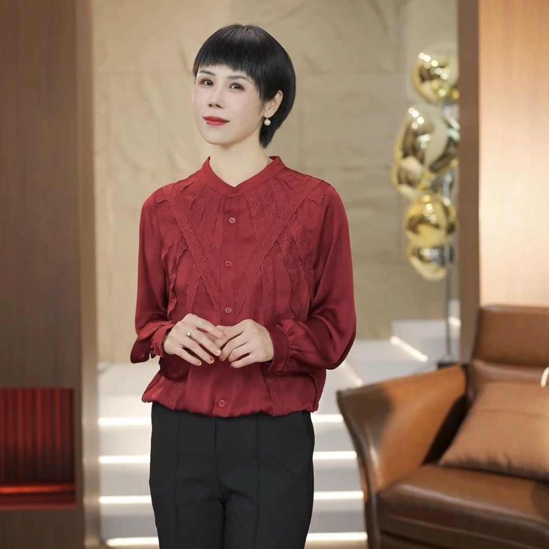 【渲渲推荐】QQ-880115春季女士重工百叶蕾丝花边长袖衬衣