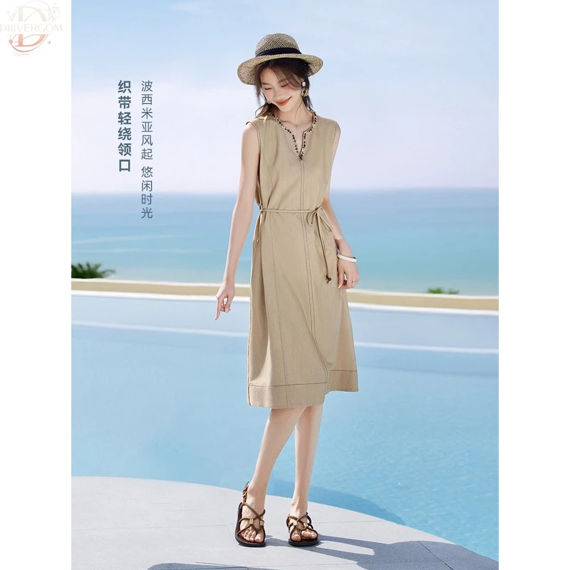 DIIIVERGOM纯欲慵懒风女装波西米亚织带拼接长裙2025夏季新款V领