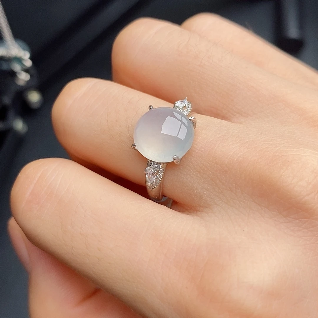 翡翠戒指银S925镶嵌 白月光