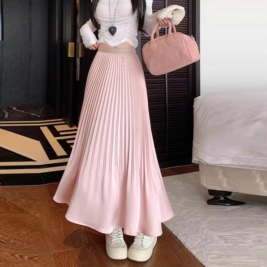 缎面百褶半身裙女春夏2025新款中长款松紧高腰显瘦a字大摆裙1850