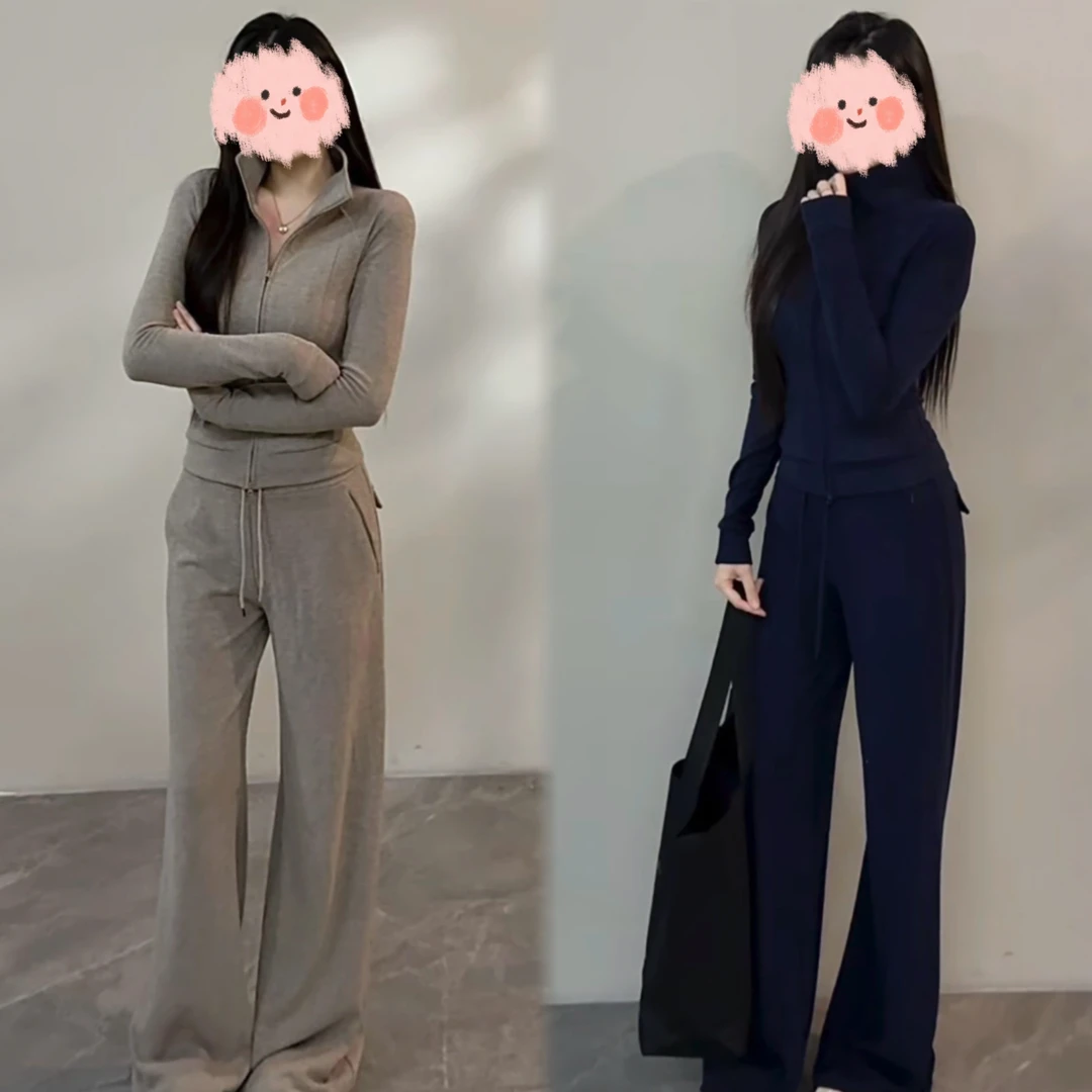 2025秋冬时尚新款休闲百搭显瘦慵懒长袖上衣抽绳长裤阔腿裤套装女