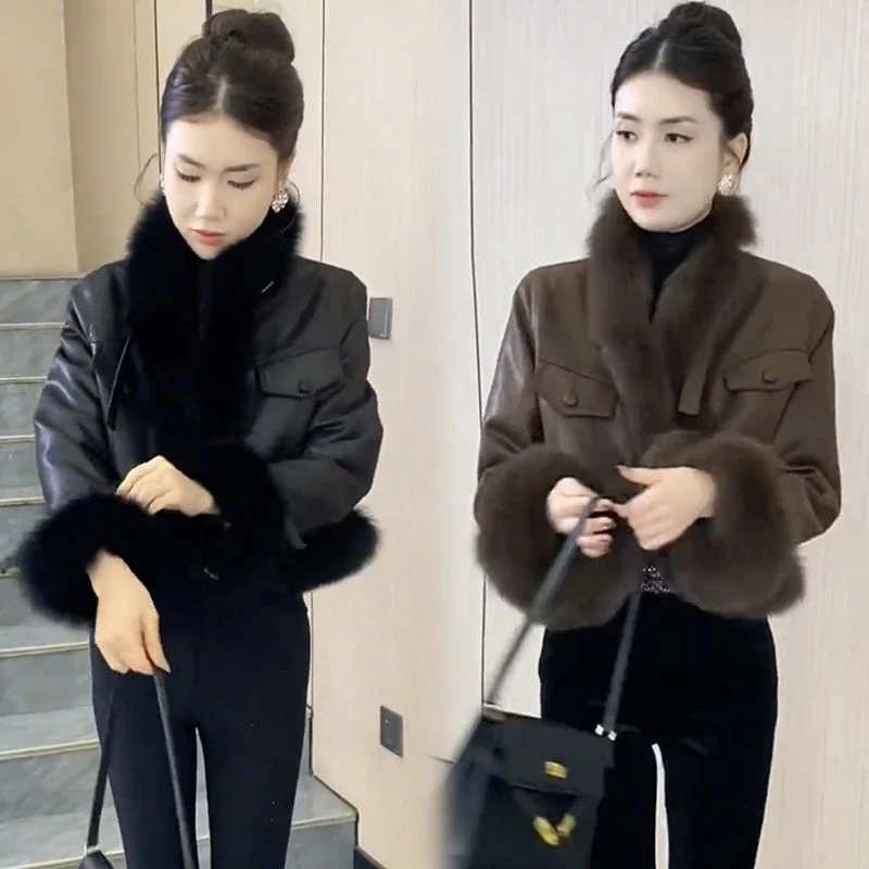 皮毛一体外套女2025冬季新款时尚显瘦仿狐狸毛领加厚短款百搭皮衣