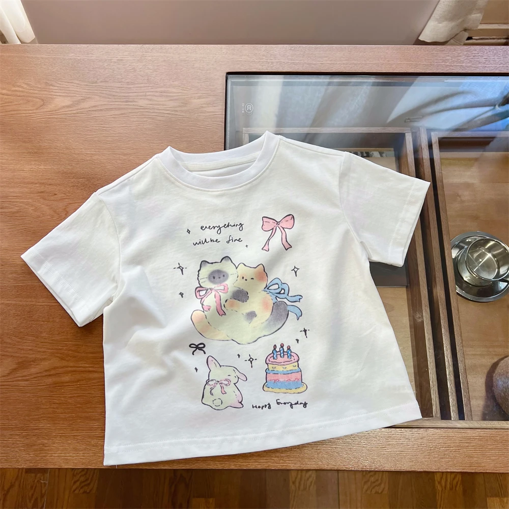 现货【猫咪派对】夏装5201女童百搭短袖软糯透气卡通T恤圆领上衣