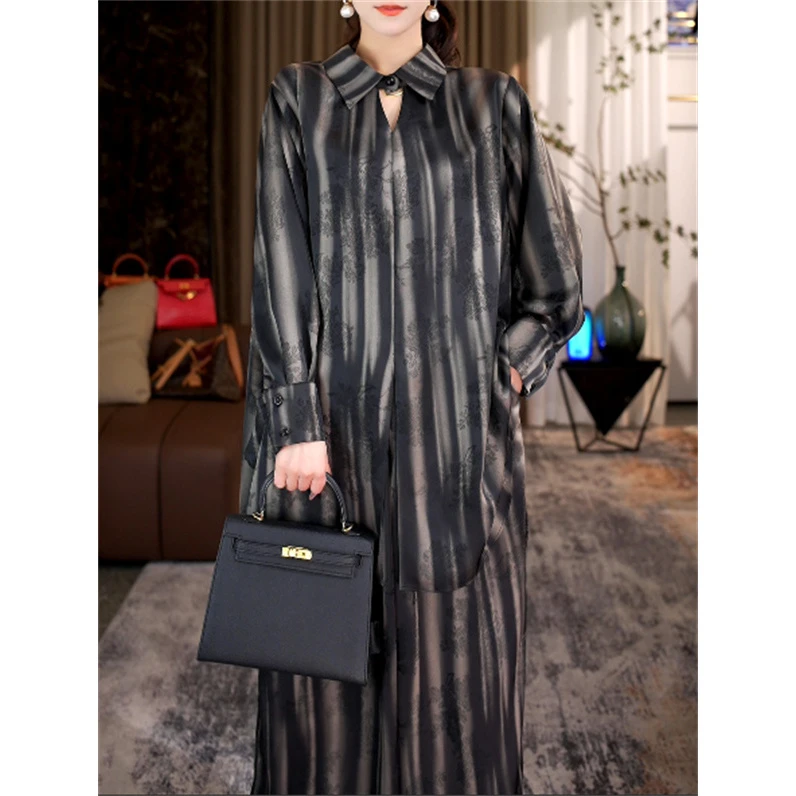 春款上新【亭亭玉立】洋气印花翻领条纹宽松版上衣裤子显瘦套装0691