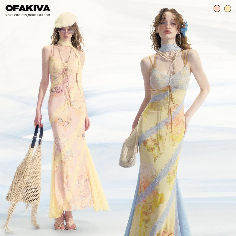 OfAkiva“十四行诗”浪漫印花高弹力蕾丝拼接鱼尾连衣裙