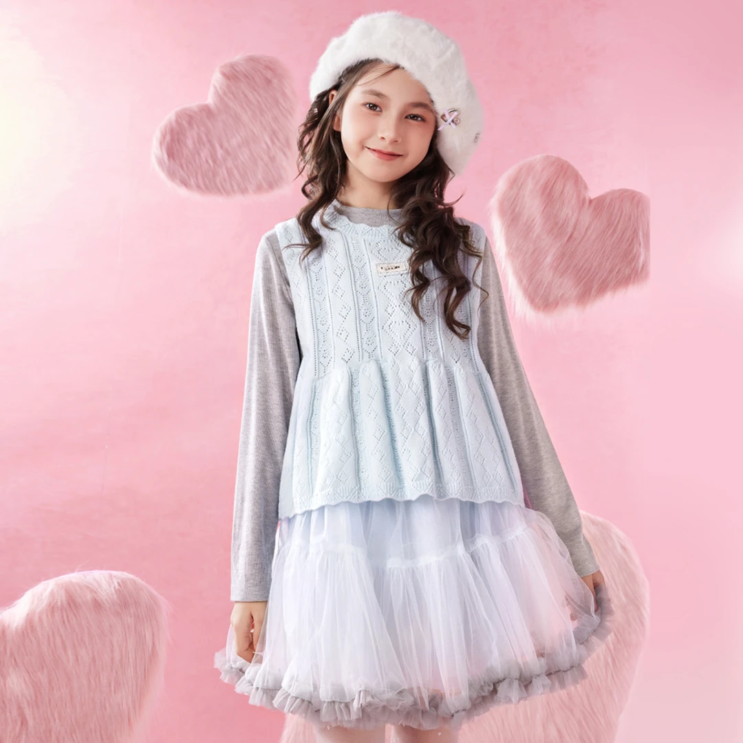 小虎帕蒂秋新款女童针织背心蓬蓬裙套装仙气甜美短裙芭蕾风三件套