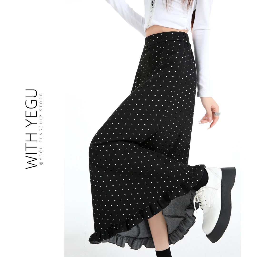 设计感木耳边波点半身裙女秋冬季高腰a字包臀裙黑色毛呢直筒裙子