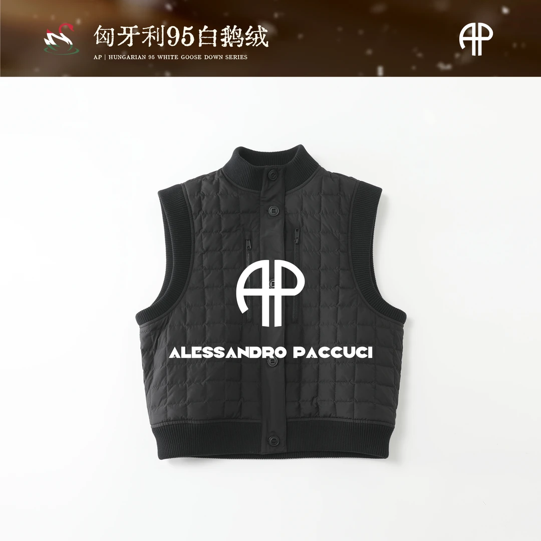 AP洛哥54078MJ匈牙利进口95白鹅绒格子衔线时尚百搭黑色马甲/女装