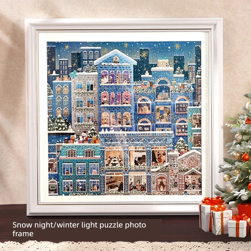雪夜拼图相框方形相框Galison圣诞冬季灯全年1000块拼图框架安装
