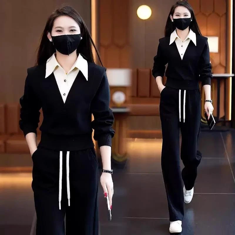 时尚休闲运动套装女2025春秋新款洋派假两件长袖厚阔腿裤两件套