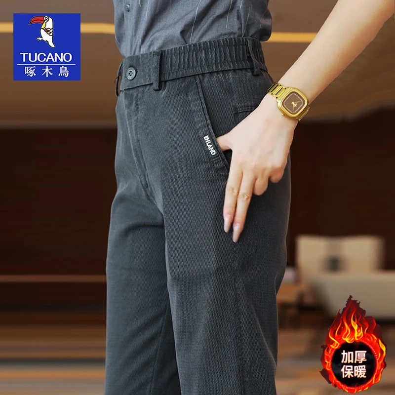啄木鸟休闲裤男款2025秋冬季加绒加厚百搭直筒中年通勤男士长裤子