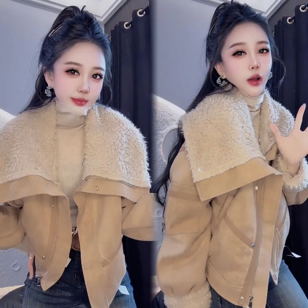 韩系大翻领皮毛一体外套女冬季新款宽松显瘦慵懒风拼接时尚小个子