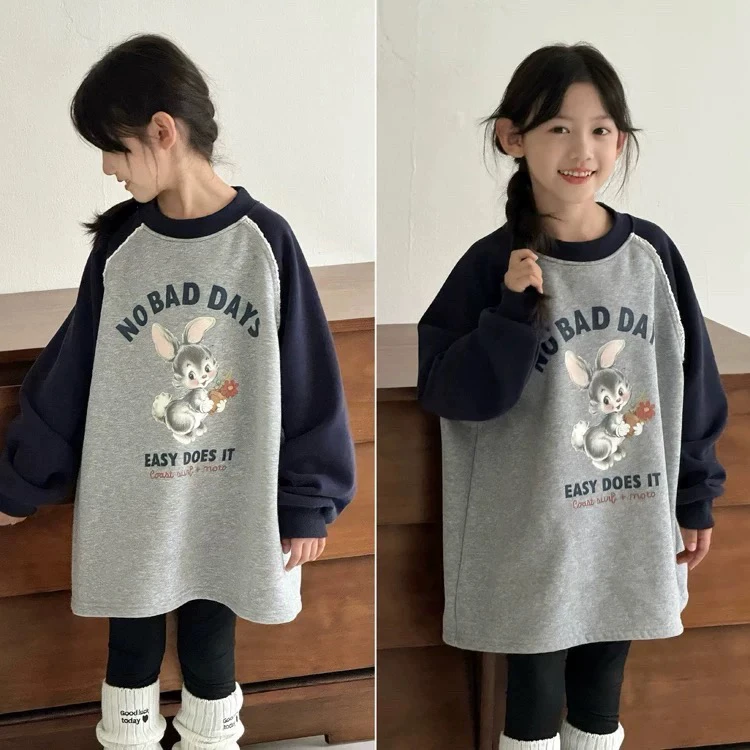 品牌童装冬季新品女童韩版长袖5283小兔印花洋气花边拼接加绒卫衣