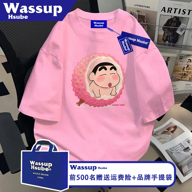WASSUP HSUBE国潮夏季荔枝小新印花T恤纯棉粉红色上衣ins男女短袖