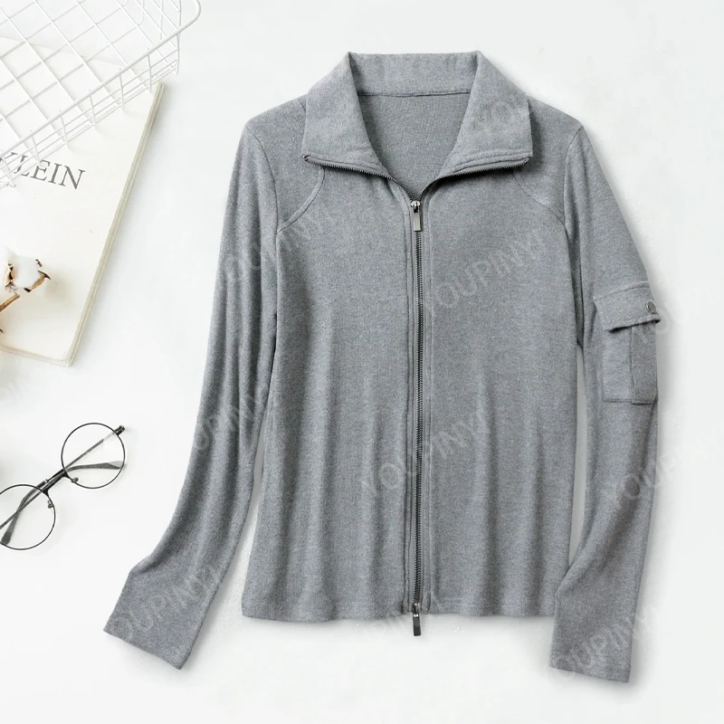打底衫上衣女2025秋冬新款拉链口袋拼接设计感简约休闲显瘦上衣女