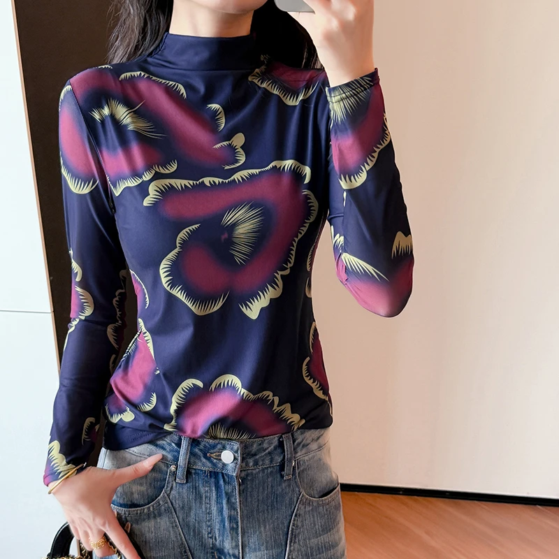 印花高领修身网纱长袖T恤女2025年秋季新款时尚洋气百搭小衫通勤