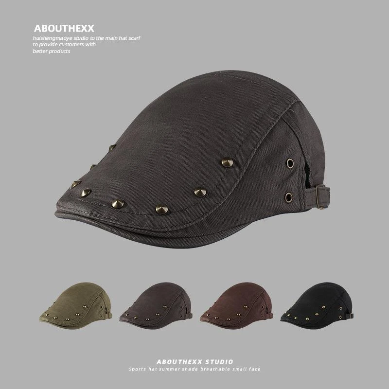 韩系复古铆钉报童帽子女2025新款春秋休闲贝雷帽遮阳鸭舌前进帽男