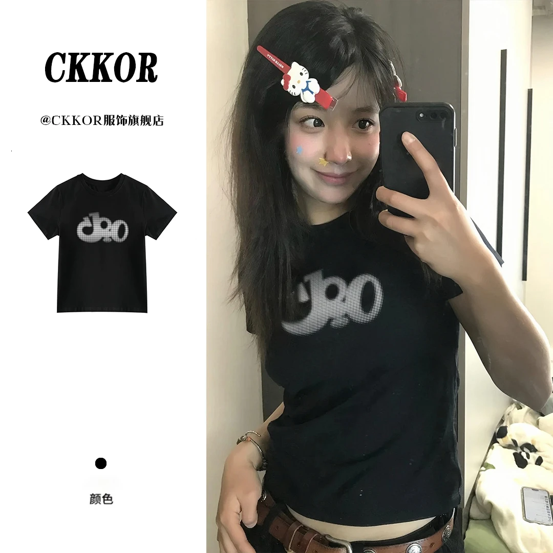 CKKOR美式复古辣妹显瘦短袖t恤女夏季新款印花潮牌设计感短款上衣