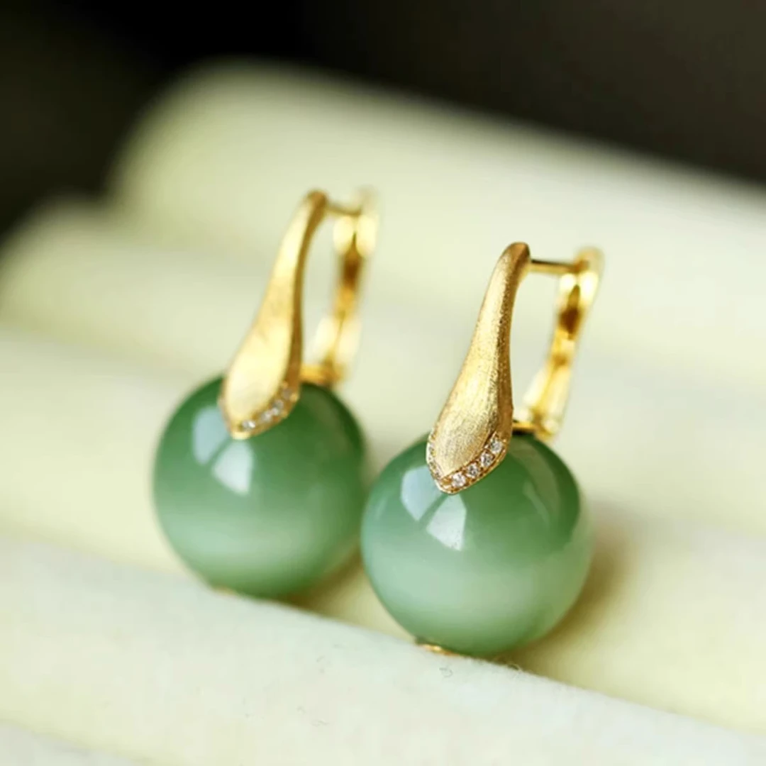 镀18k新中式金色耳环空托翠绿圆珠多用款耳饰diy材料配件通用百搭