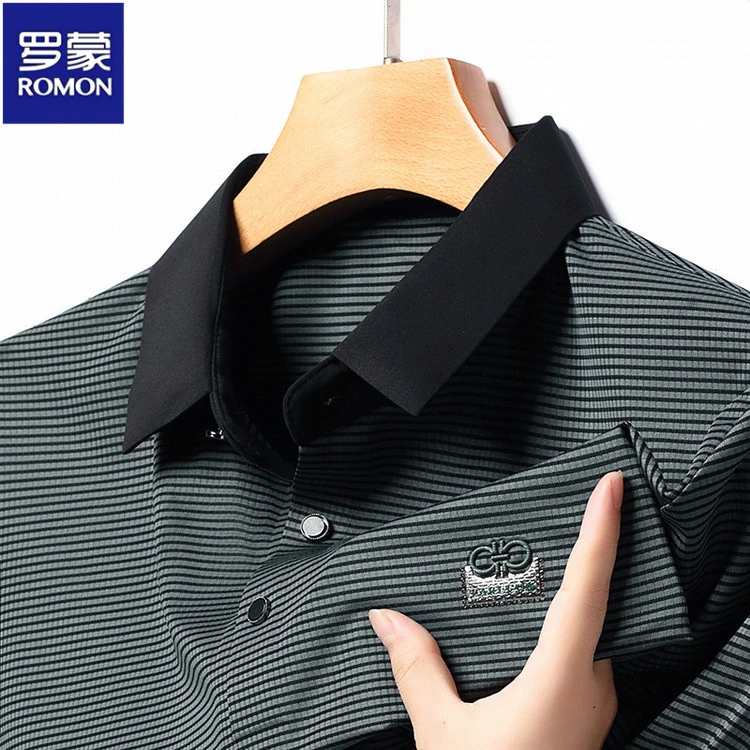 罗蒙短袖t恤男士2025夏季新款条纹商务休闲翻领半袖Polo衫上衣潮