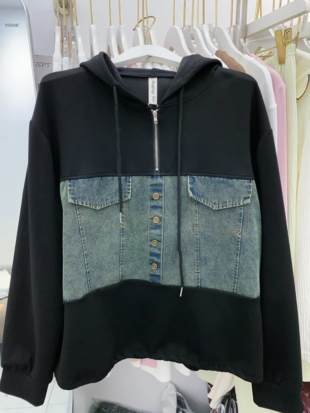 8081 连帽拼接牛仔拼色百搭撞色长袖春季女士上衣宽松