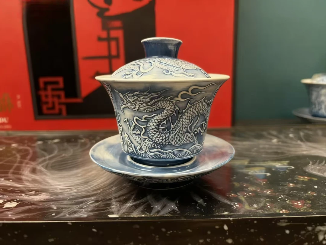 景德镇陶瓷龙纹三才盖碗蓝色手绘花纹柴窑茶杯子爆款2025最新款杯