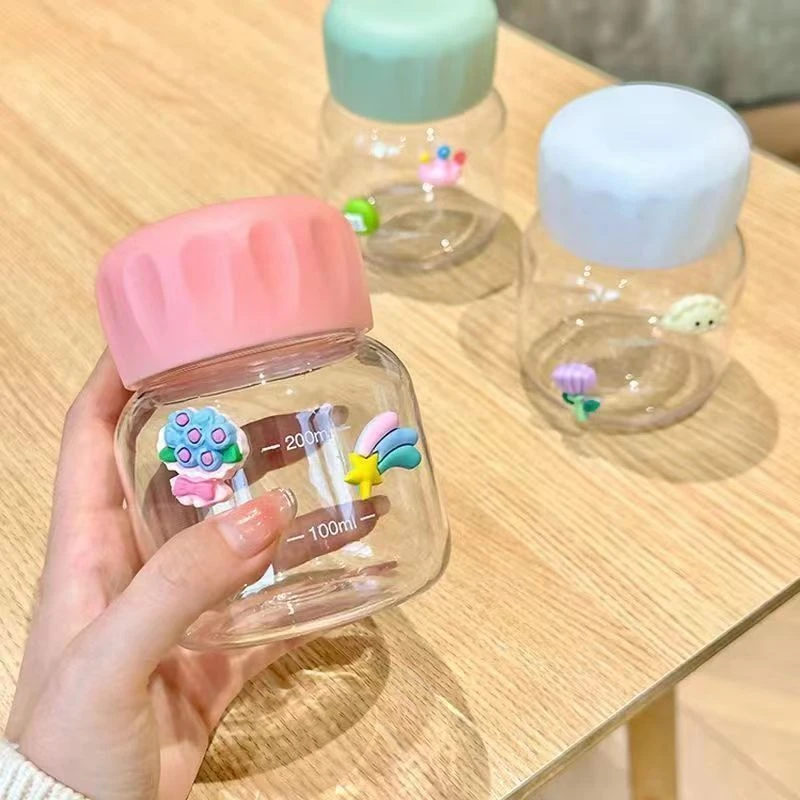 玻璃水杯女便携高颜值带盖迷你透明水杯带刻度牛奶胖胖杯