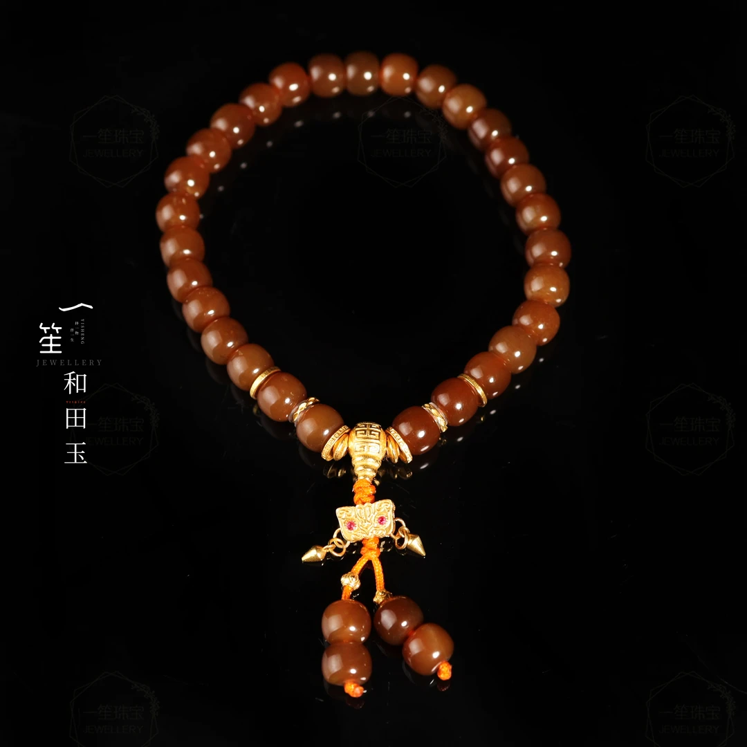 【一笙珠宝】天然和田玉糖料老型直切手串18k金镶嵌约6~7mm  DY6488