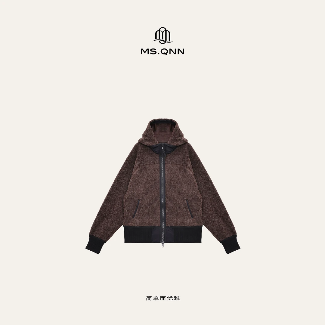 Ms.Qnn“暖冬陪伴”舒适抓绒保暖立领带帽拉链开衫外套 37C1740 Q姐