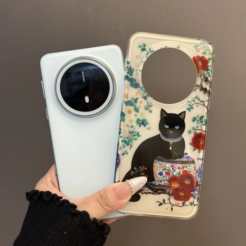 适用华为mate70/60pro+手机壳国风牡丹青花瓷黑猫pura70pro男女款