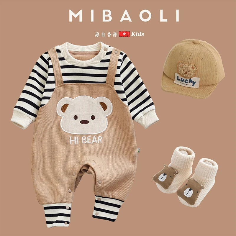 香港婴幼儿秋季连体衣长袖爬服男宝宝春秋洋气卡通韩版外出哈衣