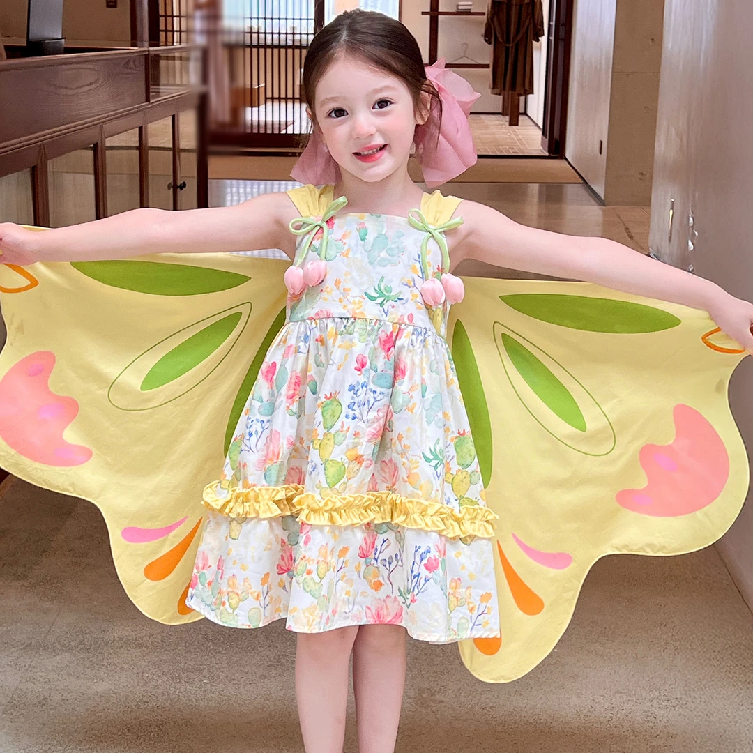 栀了成长记童装女童田园风吊带裙夏季儿童女宝可爱蝴蝶翅膀连衣裙