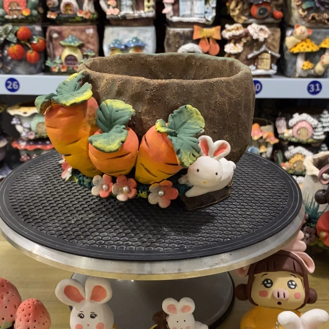 白狐粗陶手捏花盆