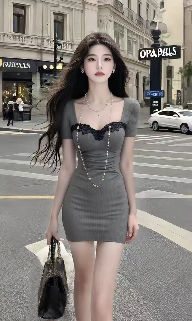 夏季新款灰色桃心领修身短袖收腰包臀连衣裙女时尚显瘦气质女装