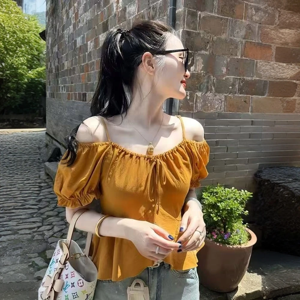 25新款设计感两穿短袖衬衫收腰显瘦韩版一字肩吊带泡泡袖气质上衣