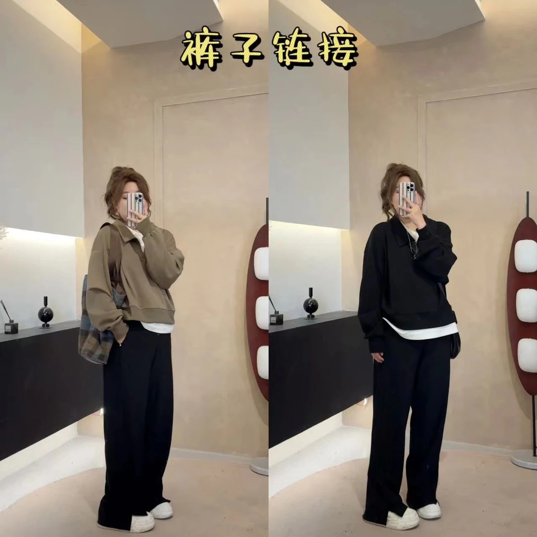 晶咕【比例调节裤】黑色高腰显瘦直筒开叉阔腿裤休闲百搭宽松气质