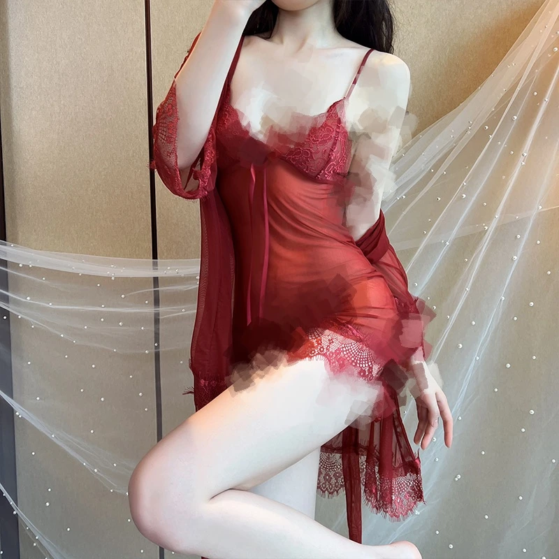 洛神裥(80-150)红色/粉色蕾丝长袖性感夏季春夏法式纯欲结婚睡裙