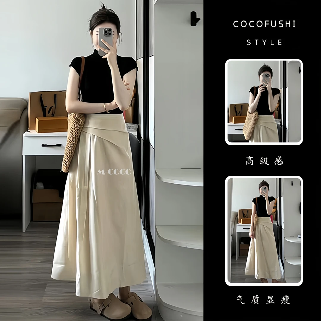 韩系穿搭一整套2025超火新款绝美短袖上衣配高腰褶皱半身裙两件套