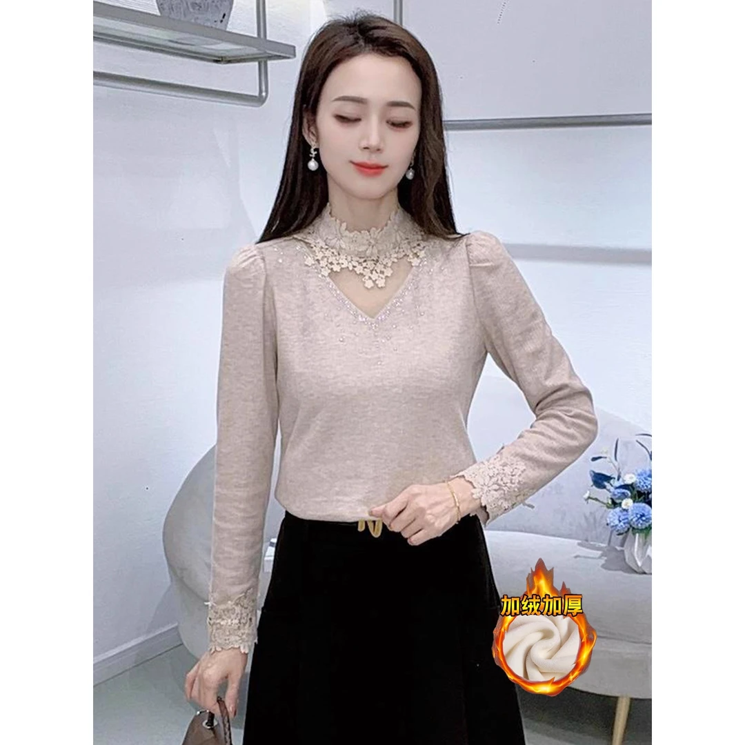 名媛风蕾丝拼接打底衫女2025秋冬新款加绒加厚保暖显瘦内搭上衣潮