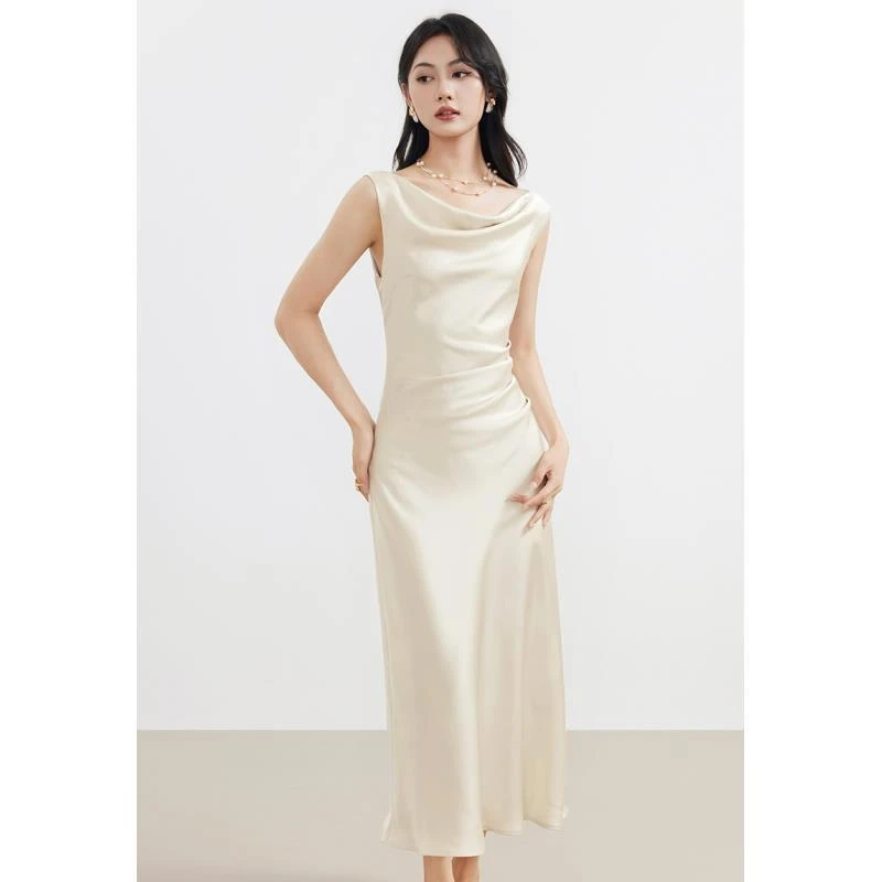 爱客法式荡领连衣裙夏季轻奢收腰a字气质长裙YA25217L011