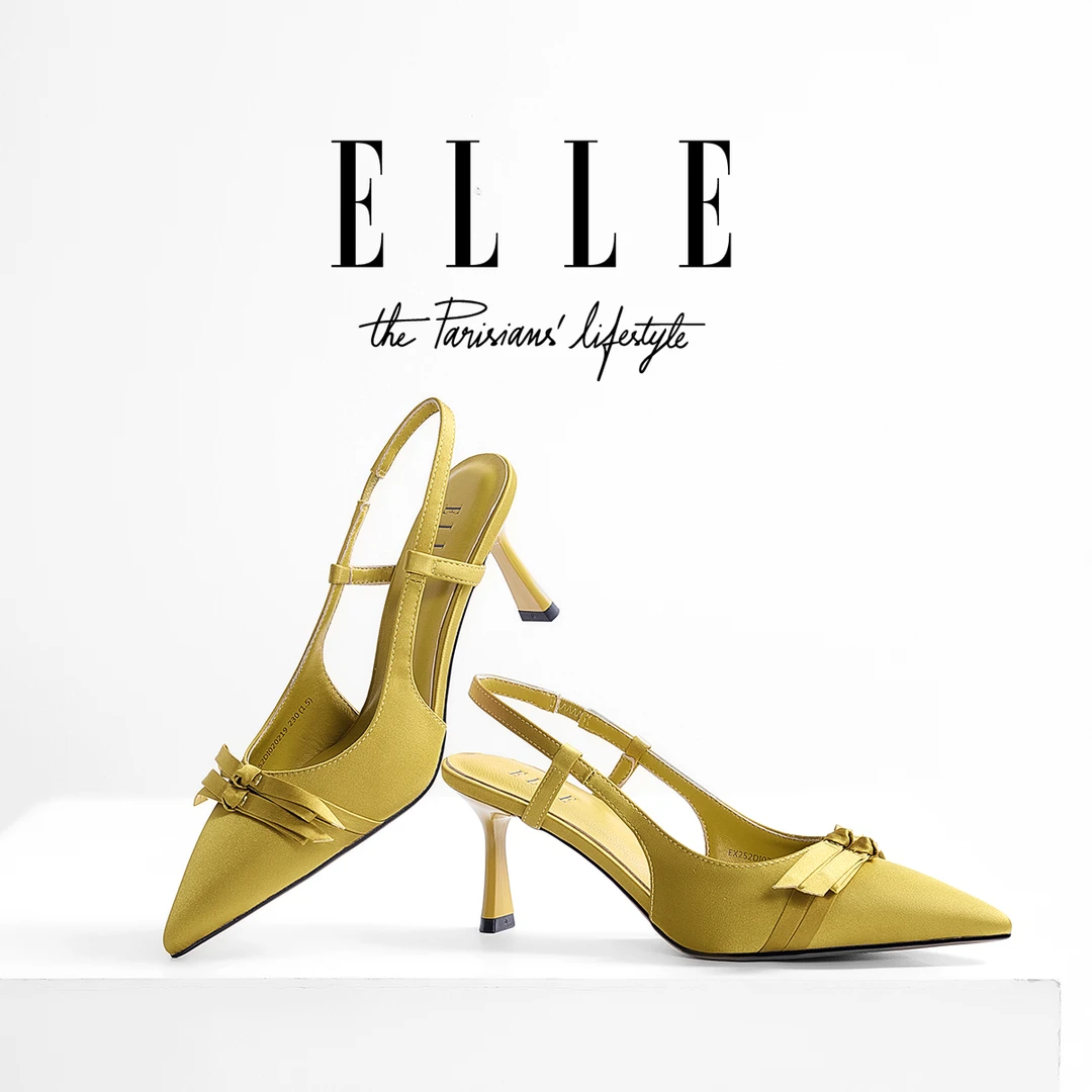 ELLE包头凉鞋女款2025新款夏季细跟尖头高跟鞋配裙子单鞋黄色鞋子
