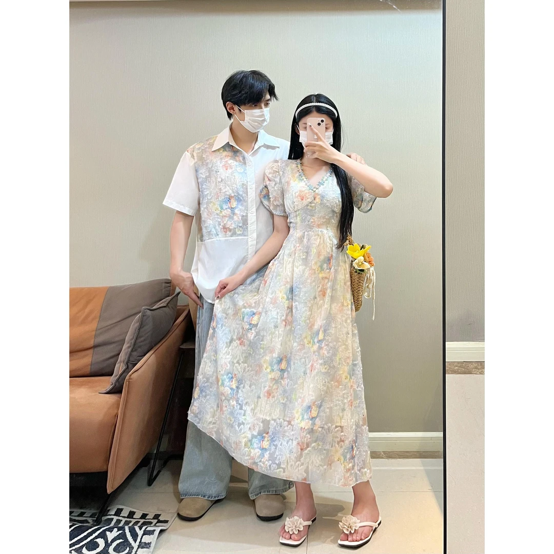 情侣装2025夏装新款法式气质名媛风连衣裙女中长裙度假仙男衬衫