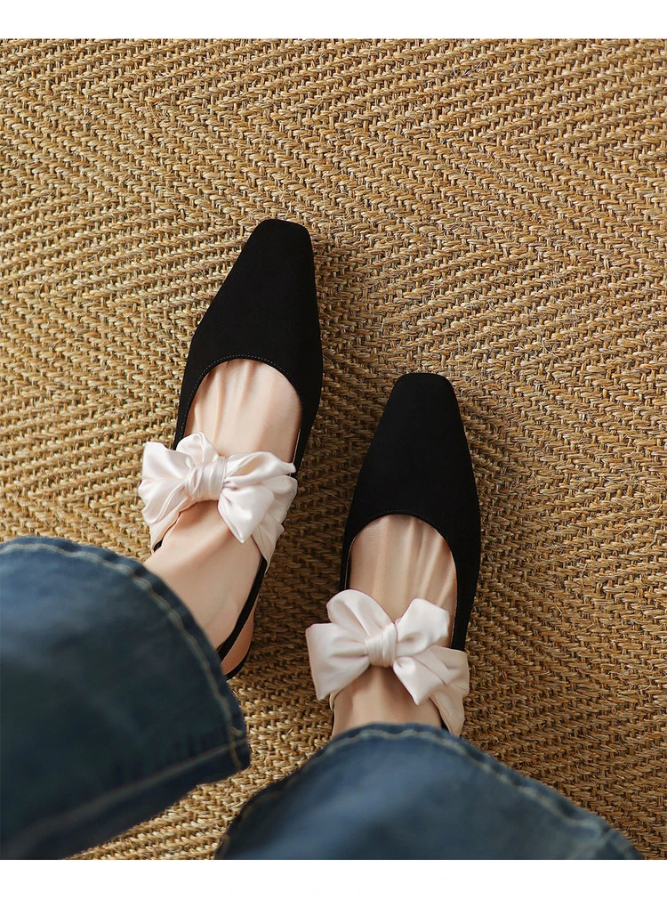 2025年新款法式一字带复古绒面蝴蝶结后空单鞋仙气质包头凉鞋方头