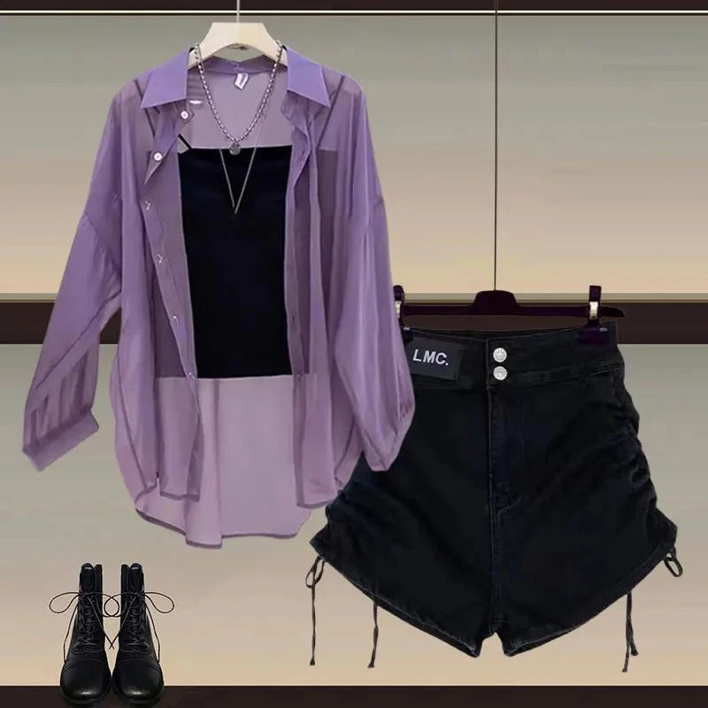 紫色珠光纱防晒衬衫女2025新款夏季轻薄上衣通勤外搭冰丝短外套女