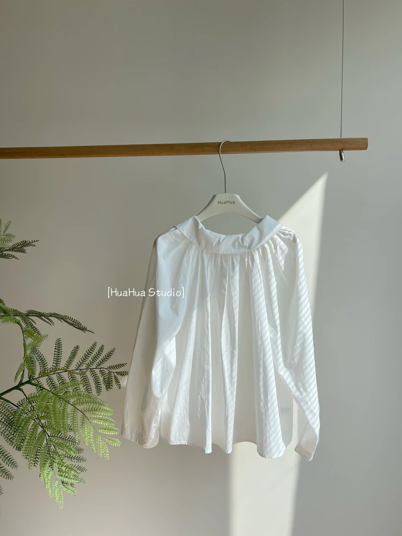 【花花】轻法假日~100%棉韩系早春压皱翻领气质简约通勤套头衬衫