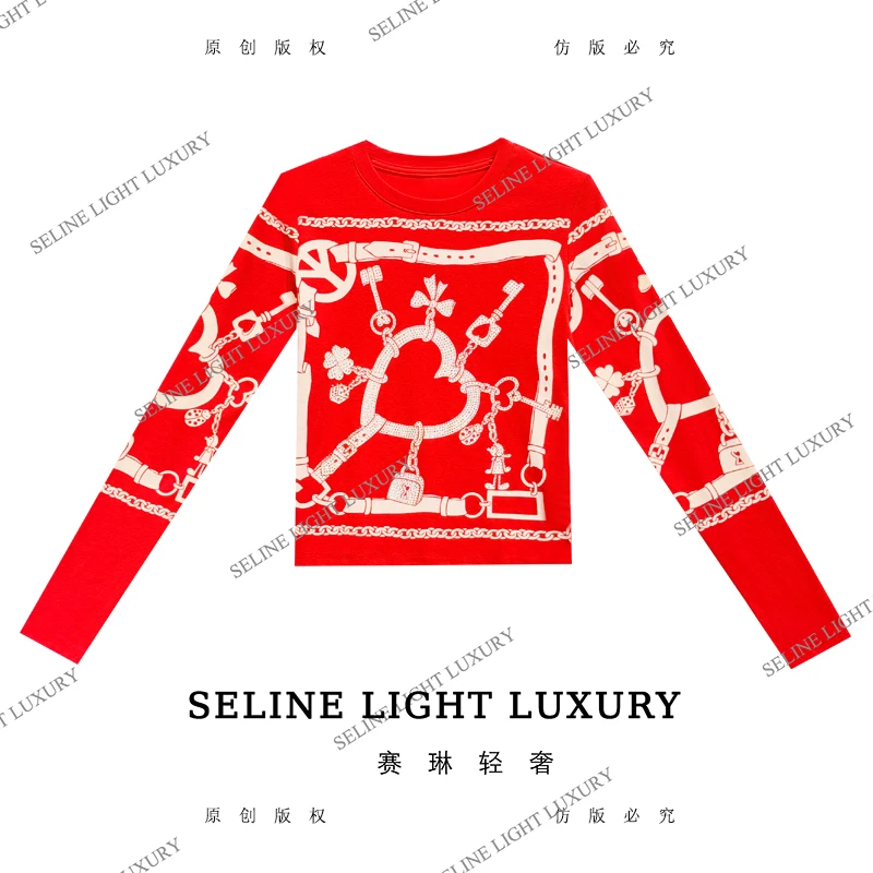 【25Q-711】七 2025 SELINE 新款纯色简约印花时尚轻奢气质长袖T恤