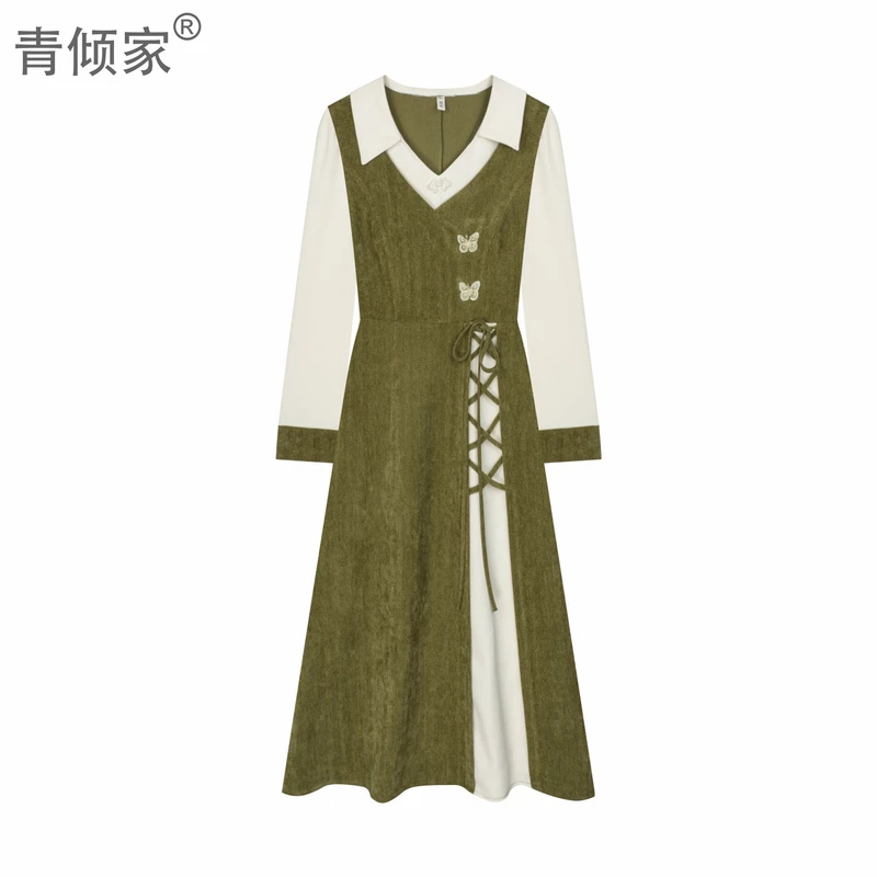 青倾家【绿野仙踪】春季新款绿色假两件设计感绑带收腰显瘦连衣裙