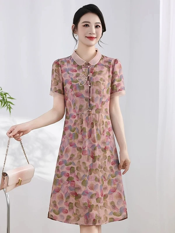 K103夏季时尚修身显瘦气质减龄印花短袖小个子洋气遮肚藏肉连衣裙