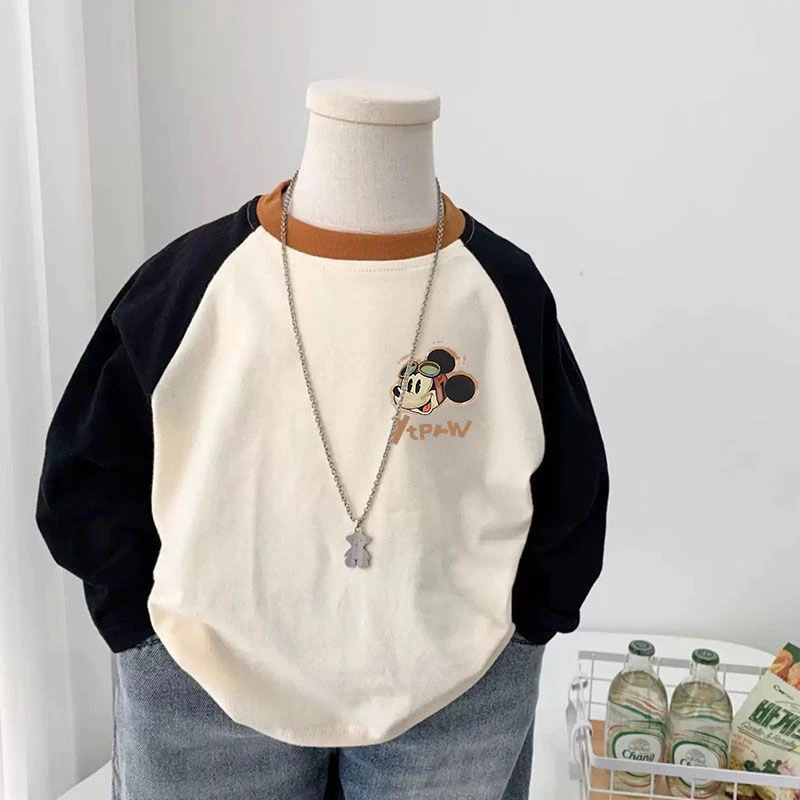 卡通长袖T恤男童中大童打底衫纯棉女童春秋拼接上衣米奇新款儿童t